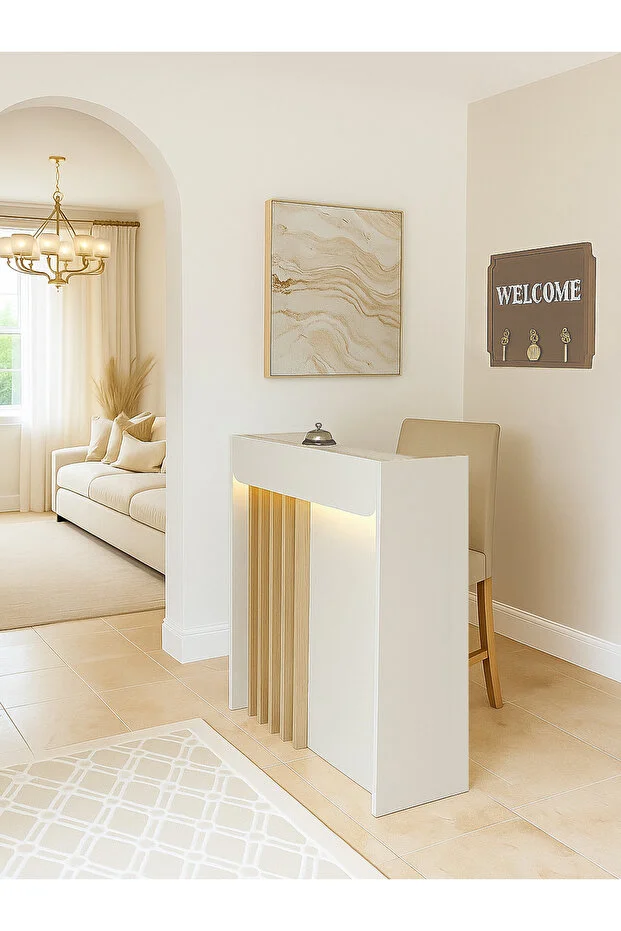 Karibu Ledli Karşılama Bankosu 110 cm Ofis Kasa Resepsiyon Masası Kumtaşı - Sepet